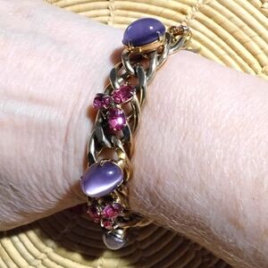 Like Kafin NY Purple Cat's Eye Glass Cabochon and Purple Rhinestone Bracelet